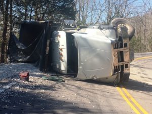 A Cookeville man was injured after his dump truck loaded with gravel overturned Thursday morning on Highway 96 (Dale Ridge Road) near Center Hill Dam.