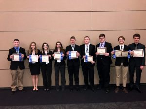 1st place award winners: Left to right: Garret Hayes, Macy Hedge, Jasmine Parker, Mackenzie Partridge, Justin Washer, Chance Mabe, Justin Trapp, Ealy Gassaway, and Jake Ramsey. (not pictured Eli Cantrell, Ethan Cantrell, Madi Cantrell)