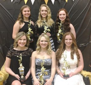 DCHS Tiger Football Cheerleader Award Winners: Seated-Shaunta Koegler, Breanna Gibson, Allison Maynard; Standing- Katherine Malone, Kiersten Griffith, Alley Sykes