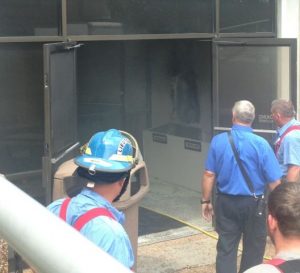 The DeKalb County Courthouse was evacuated June 14, 2016 after a newspaper recycling bin was set on fire in the vestibule near the first floor entrance.(Photo by Norene Puckett)