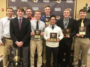 DCHS Tiger Basketball Award Winners: Nathan Atkins, Marshal Evins (MVP), Tanner Poss, Colter Norris, Dallas Cook, Alan Munoz, Trey Jones, and Austin Johnson