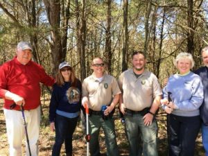 2018 April Walk through on the Story Book Trail –-: A delegation of park staff and Friends of Edgar Evins State Park walked the trail in April to see what remained to be done. They are left to right: Fount Bertram, Bradyville. Lori Christensen, Woodbury, Kenny Gragg, Park Manager, Ranger Justin Vaughn, Anna Bertram, Bradyville, and Jason Cross, Maintenance Manager.