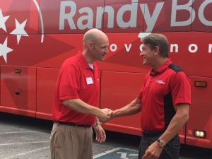 DeKalb GOP Vice Chairman Clint Hall (left) greets Governor Candidate Randy Boyd as he arrived in Smithville Thursday on his 95 county bus tour across the state.