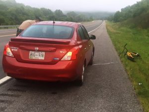 A man was injured after his bike was hit by a motorist this morning (Monday) on Highway 70 at the foot of Snow Hill.