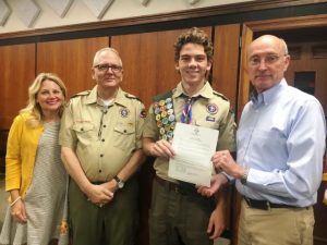 County Mayor Tim Stribling Presents Resolution Honoring Eagle Scout Thomas Webb. Also pictured are Webb's parents Lora and Alan Webb