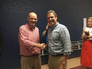 DeKalb GOP Vice Chairman Clint Hall greets gubernatorial nominee Bill Lee who made a campaign stop in Smithville Friday