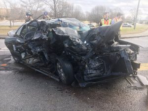 Lynda Neville driving this 2000 Buick Regal was airlifted from parking lot of DeKalb Middle School after head-on crash with DTC Communications truck on Broad Street near the high school Thursday morning