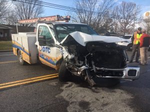 Matthew Stribling, driving this 2011 Ford F250 DTC Communications truck was not seriously injured in head on crash near the high school Thursday morning