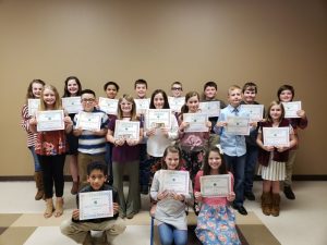 4-H Speech participants for 5th grade included (Front row) Xavier Floyd-3rd place, Addison Murphy-2nd place, and Cali Agee- 1st place. (Middle row) Deanna Agee, Julian Alvarez, Averie McMinn, Sydney Polk, Caroline Butler, Hunter Buchanan, Cadence Reynolds. (Back row) Olivia Gilley, Emily Anderson, Jakayta Odom, Brownie Johnson, Ethan Spears, Bryson Arnold, Jaxon Kleparek, Jack Gassaway.