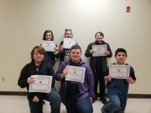 4-H Speech Participants in sixth grade included (Front Row) Evan Reid-1st place, Luke Midgett-2nd place, Jacob Lawson-3rd Place. (Back row) Macey Hale, Emily Lumbert, and Junior Manning