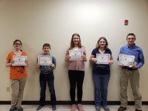 4-H Speech contestants in grades 7 through 12 were Lilly Waggoner (2nd place, 7th grade), Cooper Brown (2nd place, 8th grade), Tess Barton (1st place, 7th grade), Jacklyn Kleparek (2nd place 7th Grade), Clayton Crook (1st place 11th grade).