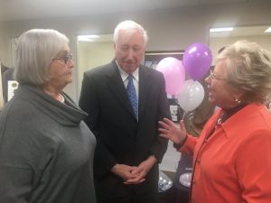 Ivadell Randolph and Robert Robinson greet Brenda Cantrell during her retirement celebration at FirstBank