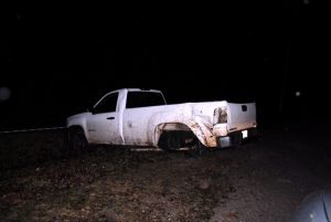 This pickup truck was found wrecked and abandoned on Sparta Highway near the Midnight Express Saturday night. Authorities have not said whether this was the vehicle Jenson crashed in before leaving the scene.