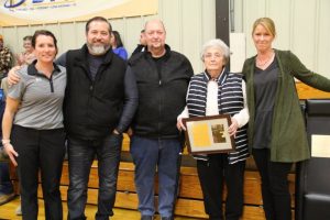 DeKalb West School recently dedicated the basketball score table in memory of the late Jimmy Reasonover, who worked for over 30 years as the school’s official clock keeper. Pictured left to right: DWS Teacher & Bulldog Basketball Coach Kelly Parkerson, Robbie Reasonover, Larry Reasonover, Jean Reasonover and DWS Principal Sabrina Farler. (Bill Conger Photo)