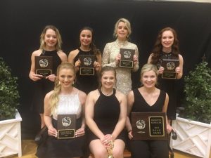 The 2018 DCHS Tiger Football Cheerleader Award Winners: SEATED-Callie Mulloy (BEST DANCER), Haley Chapman (MVC), and Shaunta Koegler (D.E.A.R. Award). STANDING-Malia Stanley (BEST JUMPS), Sadie West (MOST SPIRITED), Presley Agee (BEST CHEER), and Alley Sykes (BEST STUNTS). They were honored at Saturday night’s annual team awards banquet