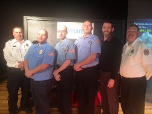 Lieutenant Dusty Johnson(left) and Captain Jay Cantrell (right) presented Walmart 5 year service Awards to: Brent Reed, Jr., Blue Springs Station, Robert Sartin, Main Station, and Harley Lawrence, Main Station. Also pictured Smithville Walmart Manager. NOT PICTURED: Matt Boss, Liberty Station and Stan Morris, Liberty Station.