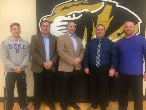 Principal Randy Jennings along with Tiger and Lady Tiger Coaches John Sanders and Danny Fish invited Scott Garrett and Casey Midgett out Wednesday afternoon to formally thank them for the new scoreboards, which were provided by FirstBank and recently installed for the basketball season. Pictured: Tiger Coach John Sanders, Casey Midgett and Scott Garrett of FirstBank, Principal Randy Jennings, and Lady Tiger Coach Danny Fish