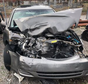 Three people were injured in a two vehicle crash Wednesday evening on Highway 70 at Alexandria. Picture shows 2004 Toyota Camry Thursday after it was towed by Gill Automotive Wednesday night. The car was driven by 68 year old Loretta Coleman of Alexandria