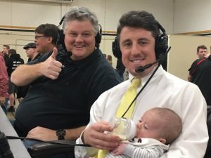 WJLE’s John Pryor preparing to interview Tiger Coach John Sanders during halftime of the girls game on Senior Night Friday at DCHS. Coach Sanders with his son Quinn