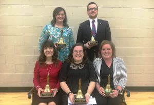 Teachers of the year: Seated- Vicky Hawker of Smithville Elementary; DeKalb County Teacher of the Year Linda Parris at DCHS, Cheryl Vandagriff of Northside Elementary; Standing-Jessica Antoniak of DeKalb West, and Justin Nokes of DeKalb Middle School