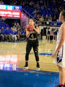 Mya Ruch at free throw line for Lady Tigers in 3rd period. DC loses to Marshall County 34-31 and drops out of state tournament (Tom Duggin photo)