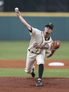 Steven Jennings throws the first pitch of the game on opening-day for the Greensboro Grasshoppers in Greensboro, N.C. on Thursday, April 4, 2019