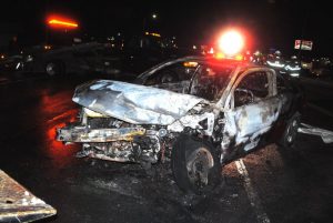 Fiery crash on South Congress Boulevard Sunday night, March 31. Chevy Cobalt driven by James Christopher Vaughn