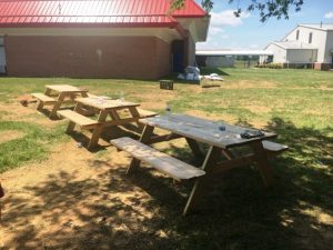 Outdoor collaborative work area under development at DCHS for students in a variety of classes complete with picnic tables