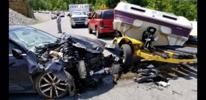 Car Collides with Boat Trailer being Towed by a Chevy Trailblazer at Sligo Bridge (Jim Beshearse Photo)