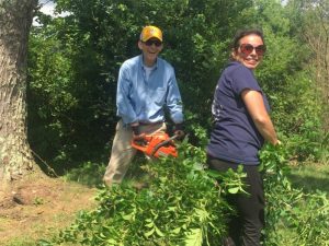 Phillip “Fluty” Cantrell and Niki Johnson cutting tree limbs at residence on Highway 56 south