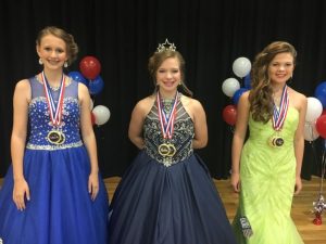 Miss Jamboree Pageant (Ages 11 to 13), the winner is Madison Brook Dawson (center). Runners-up pictured left to right are 1st- Jenna Elizabeth Wright, Queen Madison Brook Dawson, and 2nd- Katlynn Ellis