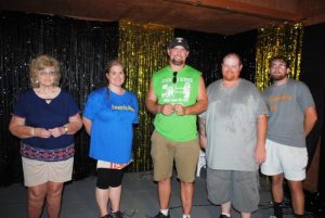 $500 cash winners at the Fair Saturday Night: Johnnie Patrick and Doris Smelcer of Alexandria, Jeff Carter and Jarred Dawson of Smithville, and Lee McKinney of Gordonsville