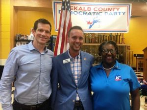 DeKalb Democratic Party Chairman Jordan Wilkins welcomes TN House Democratic Leader Karen Camper (D-Memphis), and U.S. Senate candidate James Mackler to a party potluck dinner at the DCHS cafeteria Monday night.