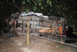 DeKalb Volunteer Firefighters stabilized this pickup truck in order to remove crash victim early Sunday morning