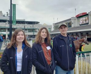 Derby1: Lily Martin, Megan Price, and Clayton Crook enjoyed a tour of Churchill Downs, home of the Kentucky Derby, while attending the national poultry judging contest in Louisville.