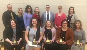 DCHS Teachers of the Year: Seated left to right- Rebecca Miller of DCHS, Teresa Jones of DeKalb Middle School (Overall DeKalb County Teacher of the Year), Tonya Ellis of DeKalb West School, Tiffany Cowart of Smithville Elementary School, and Debra Poteete of Northside Elementarty School. Standing left to right DCHS Principal Randy Jennings, Assistant DCHS Principal Jenny Norris, Smithville Elementary Principal Summer Cantrell, DeKalb Middle School Principal Lacey Foutch, Director of Schools Patrick Cripps, DeKalb West School Principal Sabrina Farler and Northside Elementary Principal Karen Knowles