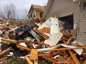 Tornado damage at home and in the neighborhood of DMS Teacher Candice Scarbro on March 3 in Putnam County