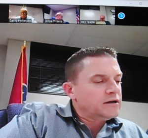 Director of Schools Patrick Cripps addresses School Board members online by video conference Thursday night during Board of Education meeting