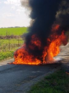 The driver of a Chrysler escaped unharmed but the car was destroyed in a fire Sunday near the intersection of Jacobs Pillar and Big Woods Road. (Jim Beshearse Photo)