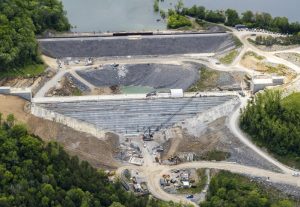 Aerial photo of the Center Hill Auxiliary Dam and roller compacted concrete berm in Silver Point, Tennessee, May 11, 2020. The RCC berm reinforces the auxiliary dam, a secondary earthen embankment that fills a low area in the landscape just east of the main dam. (Courtesy Asset)