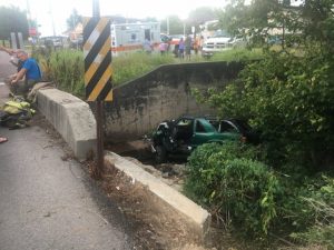 Rickey Hall of Smithville was north on Dry Creek Road approaching the West Broad intersection when the Chevy Blazer went off the road to the right, over the embankment at the bridge, and into the creek bed before crashing into a concrete retaining wall.