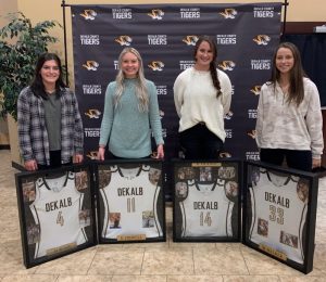 Members of the 2019-20 DeKalb County High School Lady Tigers Basketball Team , who were unable to have their awards banquet in the spring due to COVID-19, were recently recognized for their athletic accomplishments last season. Pictured left to right last year’s seniors Mya Ruch, Emme Colwell, Kenzie France, and Megan Walker