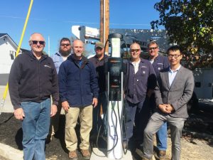 Smithville’s first ever electric vehicle charging station was installed in November located at the city parking lot across from Love-Cantrell Funeral Home. Lead project infrastructure partner Seven States Power Corporation managed the installation in cooperation with Smithville Electric System and Tennessee Tech University. PICTURED LEFT TO RIGHT: Richie Knowles (Smithville Electric System Manager), Jeremy Ashburn (SES employee), Brad Rains( Director of DER Deployments with the Chattanooga based Seven States Power Corporation), Keith Randolph, Kevin Martin, and Eddie Rowland (SES employees) and Tennessee Tech Mechanical Engineer Assistant Professor Pingen Chen
