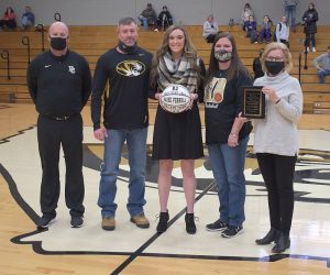 DCHS Lady Tiger Kadee Ferrell receives 1,000 Point Club game ball and award named in honor of Roy and Kathy Pugh