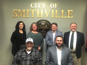 Smithville Mayor and Aldermen. Seated left to right: Alderman Danny Washer and Mayor Josh Miller. Standing left to right: Aldermen Beth Chandler, Jessica Higgins, Brandon Cox, and Shawn Jacobs