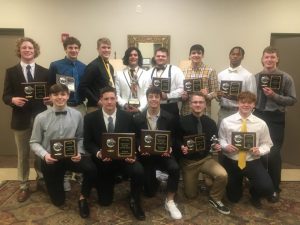 DCHS Tiger Football Banquet Team Award Winners: Pictured bottom row left to right- Silas Cross, Isaiah Harrington, Desmond Nokes, Jasper Kleparek, and Ari White. Back row left to right- Isaac Knowles, Aiden Curtis, Evan Jones, Axel Aldino, Caven Ponder, Wil Farris, Trevonte Alexander, and Colby Barnes.