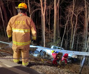 A drunk driver escaped serious injury Thursday night after his truck crashed into two mail boxes and a guardrail before going off an embankment on Highway 96 (Dale Ridge Road). 64 year old Curtis Shelton of Liberty is charged with driving under the influence, driving on a revoked license, and failure to exercise due care. (Photo provided by DeKalb Fire Department)