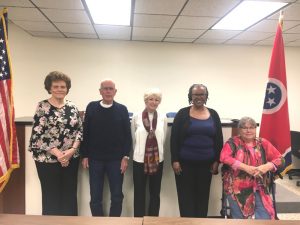 Members of the DeKalb County Election Commission: left to right- Barbara Vanatta, Jim Dean, Chairman Walteen Parker, Yvette Tubbs Carver, and Secretary Kim Luton