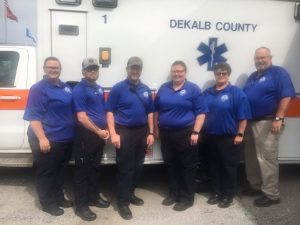 WJLE recognizes DeKalb EMS Staff during EMS Week May 16-22: D-Shift on duty Monday: Stephanie Brown (EMT-P), Trevin Merriman (AEMT), Cody Johnson (EMT-PCC), Heather Billings (EMT-B), Kim Johnson (EMT-PCC), and Director Hoyte Hale (EMT-P)