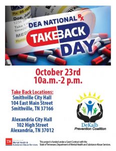 The U.S. Drug Enforcement Administration’s National Prescription Drug Take-Back Day is set for Saturday, October 23. As part of this major health and safety initiative, the DeKalb Prevention Coalition will host this take-back event at Smithville City Hall and the Alexandria City Hall from 10 a.m. until 2 p.m.